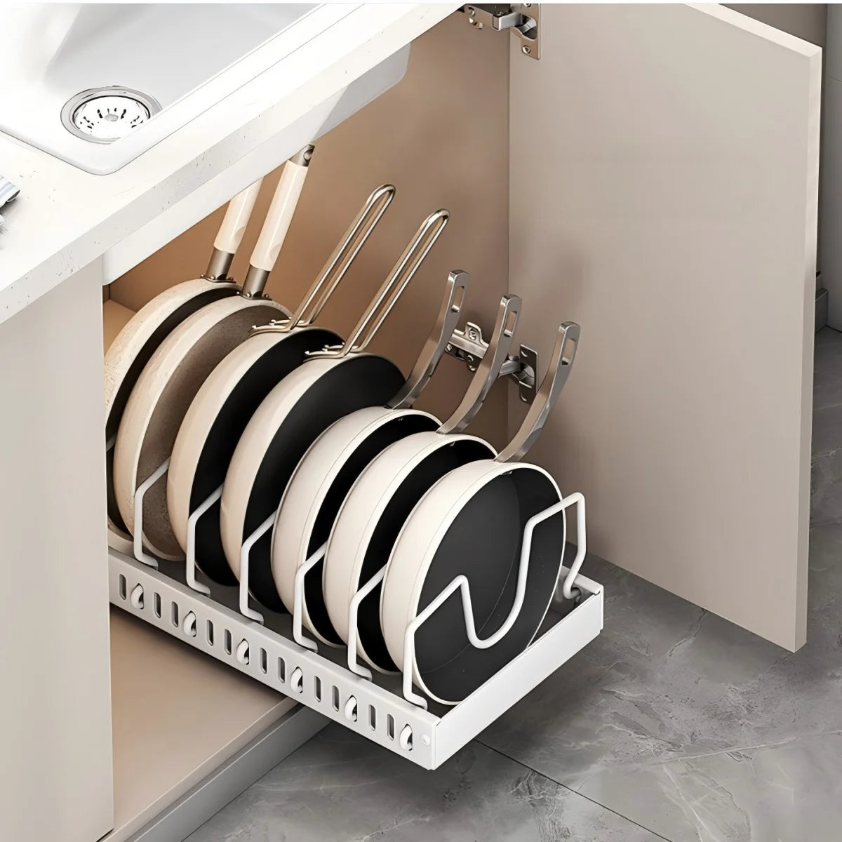 Organisateur de cuisine multifonctionnel - Tiroir coulissant pour casseroles et poêles, support coulissant pour couvercles, étagère à épices et égouttoir à vaisselle
