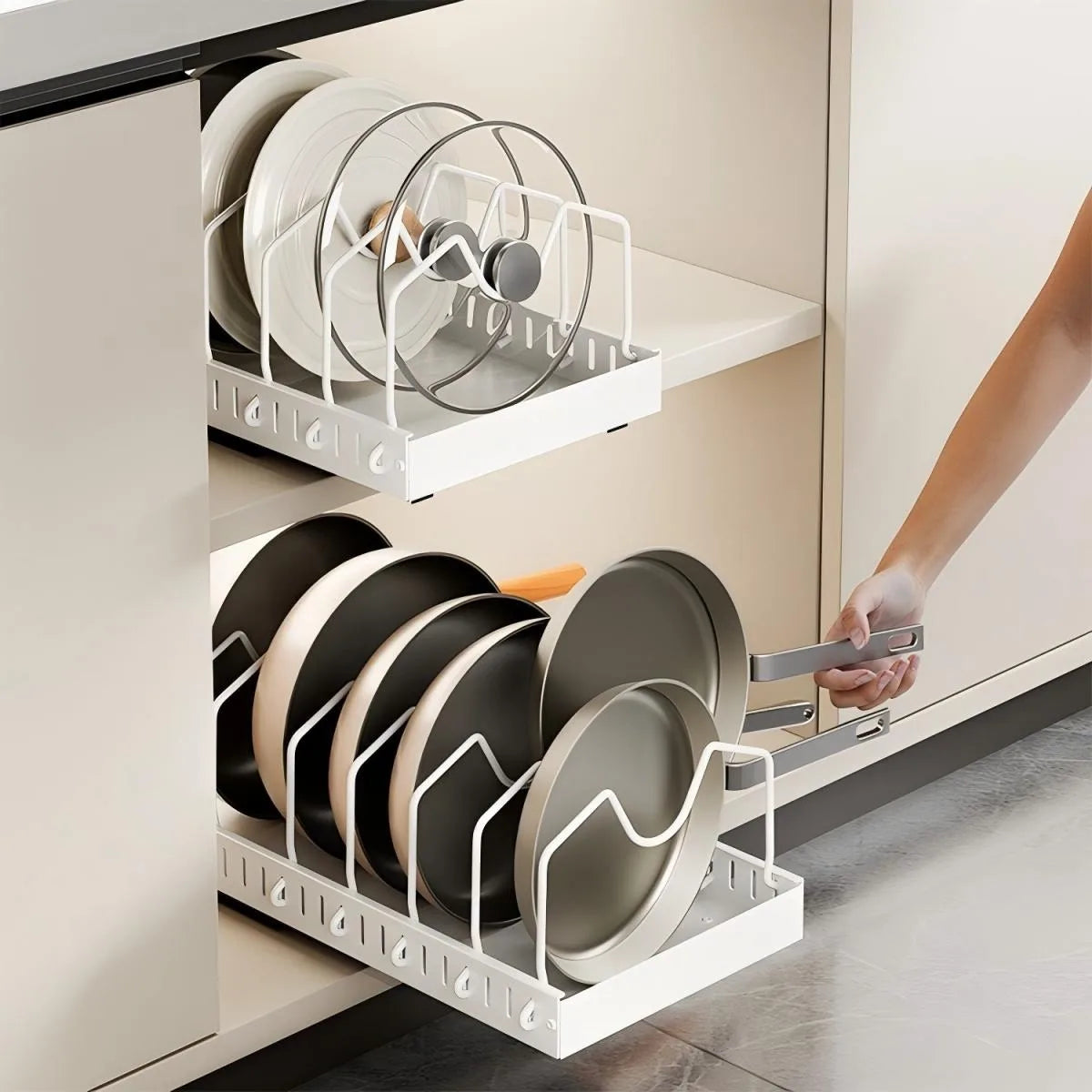 Organisateur de cuisine multifonctionnel - Tiroir coulissant pour casseroles et poêles, support coulissant pour couvercles, étagère à épices et égouttoir à vaisselle
